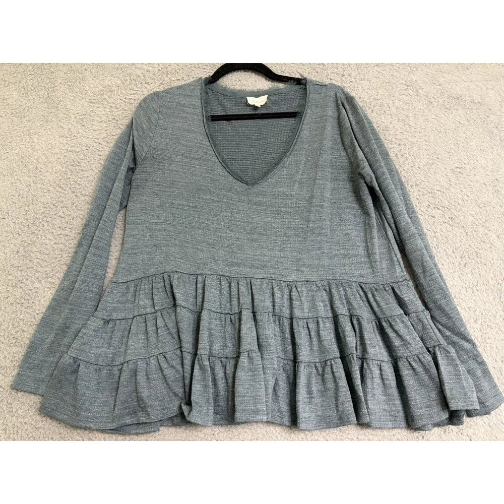 Anthropologie Deletta Thea Tiered Ruffle Peplum Teal Blue V Neck Shirt Top M